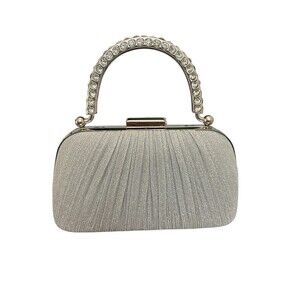 Silver Tone Fashion Clutch Evening Bag Rhinestone Handle Wedding Prom Bridal